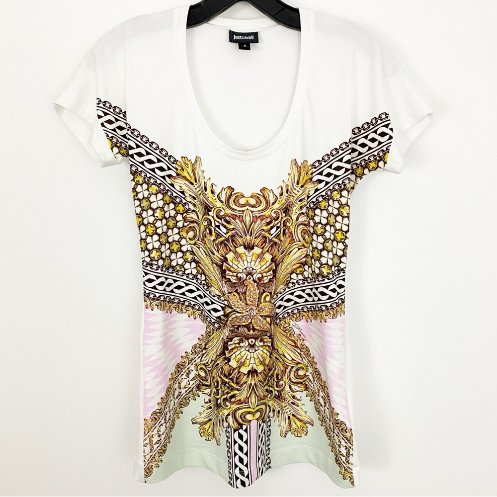 Just Cavalli size S White and Gold Graphic Scoopneck Short Sleeve Tee